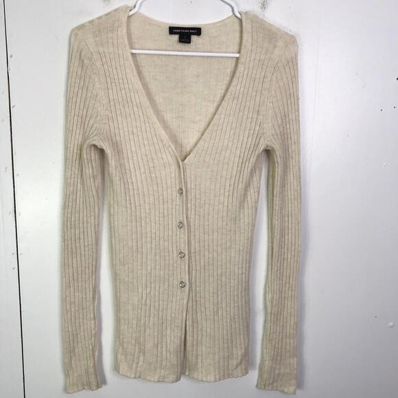 Something Navy Sweater Womens S Cardigan Ribbed V Neck Button Up Neutral Capsule - Picture 1 of 7